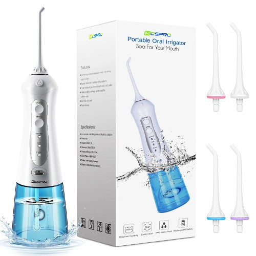 MOSPRO Electric Water Flosser, Dental Oral Irrigator with 4 Jet Tips, 3 Modes, 300ML Water Tank, USB Rechargeable for Teeth, Gums, Braces, Dental Care MOSPRO Electric Water Flosser, Dental Oral Irrigator with 4 Jet Tips, 3 Modes, 300ML Water Tank, USB Rechargeable for Teeth, Gums, Braces, Dental Care
